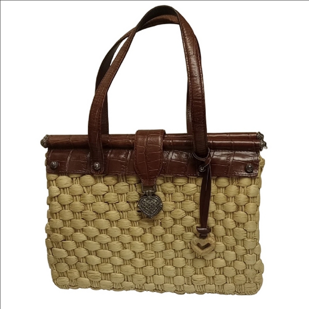 BRIGHTON "EVA DELIGHT" WICKER STRAW SUMMER HANDBAG WITH BROWN LEATHER ACCENTS - Picture 2 of 16